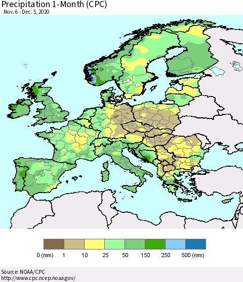 Europe Precipitation 1-Month (CPC) Thematic Map For 11/6/2020 - 12/5/2020