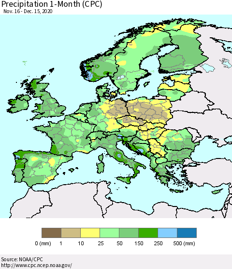 Europe Precipitation 1-Month (CPC) Thematic Map For 11/16/2020 - 12/15/2020
