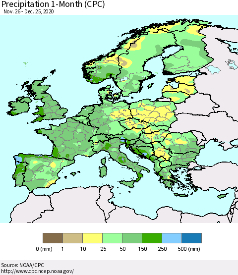 Europe Precipitation 1-Month (CPC) Thematic Map For 11/26/2020 - 12/25/2020