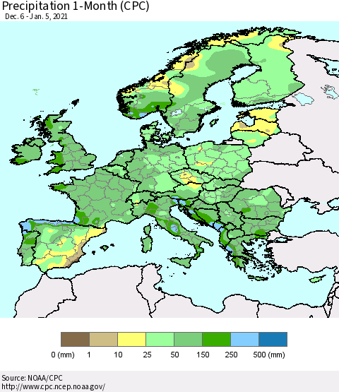 Europe Precipitation 1-Month (CPC) Thematic Map For 12/6/2020 - 1/5/2021