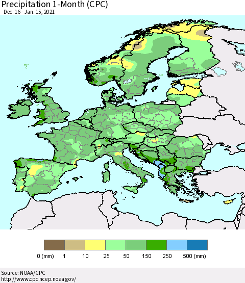 Europe Precipitation 1-Month (CPC) Thematic Map For 12/16/2020 - 1/15/2021