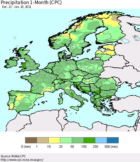Europe Precipitation 1-Month (CPC) Thematic Map For 12/21/2020 - 1/20/2021