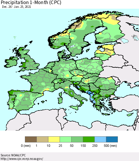 Europe Precipitation 1-Month (CPC) Thematic Map For 12/26/2020 - 1/25/2021