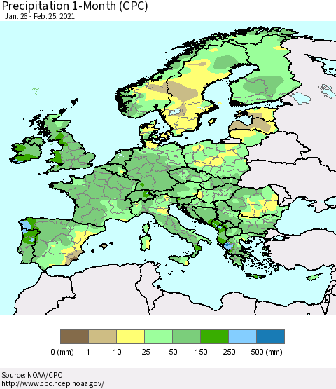 Europe Precipitation 1-Month (CPC) Thematic Map For 1/26/2021 - 2/25/2021