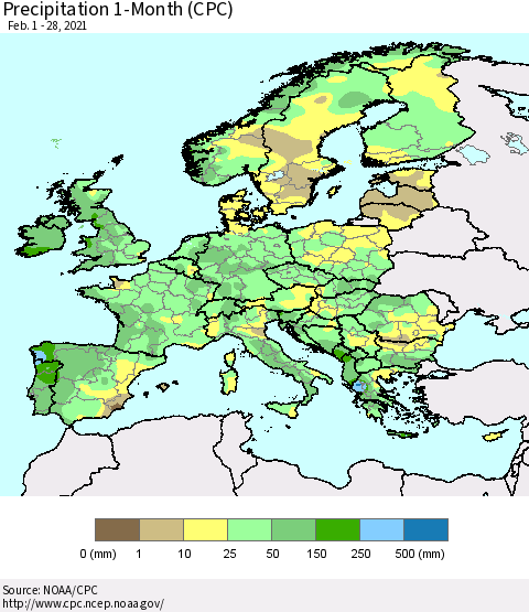 Europe Precipitation 1-Month (CPC) Thematic Map For 2/1/2021 - 2/28/2021