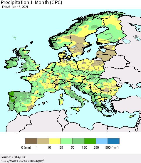 Europe Precipitation 1-Month (CPC) Thematic Map For 2/6/2021 - 3/5/2021