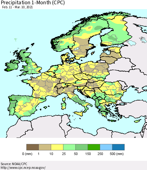 Europe Precipitation 1-Month (CPC) Thematic Map For 2/11/2021 - 3/10/2021