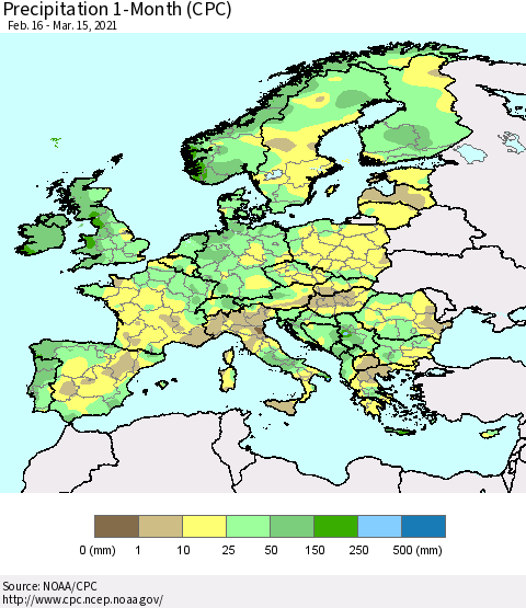 Europe Precipitation 1-Month (CPC) Thematic Map For 2/16/2021 - 3/15/2021