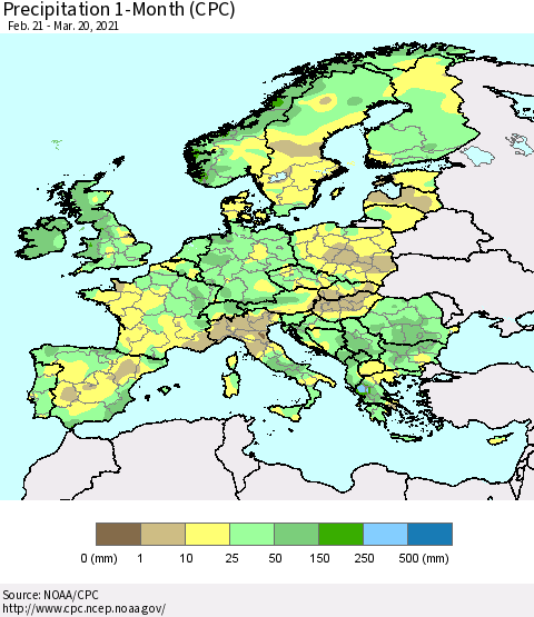 Europe Precipitation 1-Month (CPC) Thematic Map For 2/21/2021 - 3/20/2021