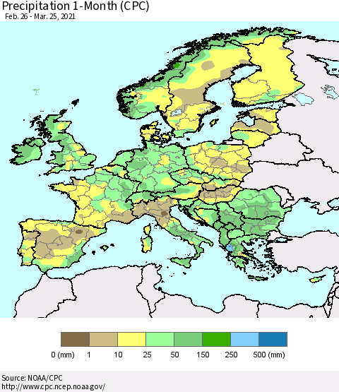 Europe Precipitation 1-Month (CPC) Thematic Map For 2/26/2021 - 3/25/2021