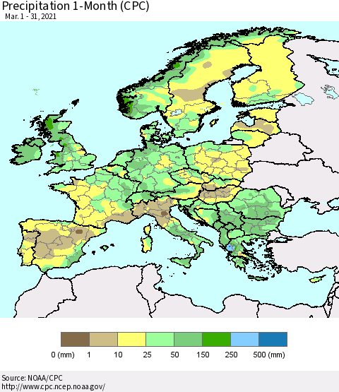 Europe Precipitation 1-Month (CPC) Thematic Map For 3/1/2021 - 3/31/2021