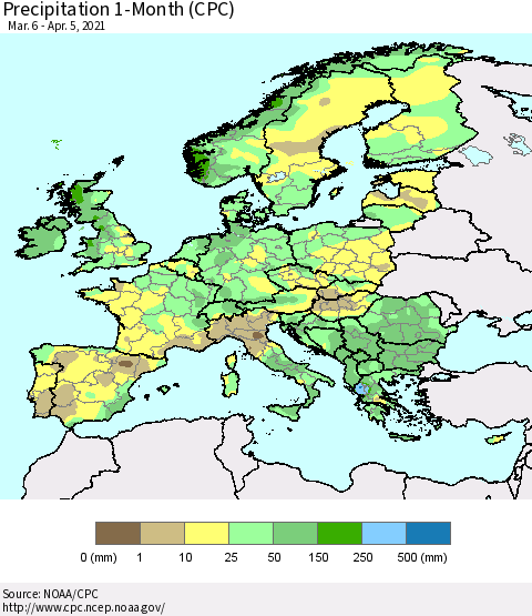 Europe Precipitation 1-Month (CPC) Thematic Map For 3/6/2021 - 4/5/2021