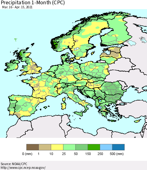 Europe Precipitation 1-Month (CPC) Thematic Map For 3/16/2021 - 4/15/2021