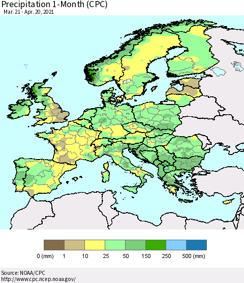 Europe Precipitation 1-Month (CPC) Thematic Map For 3/21/2021 - 4/20/2021