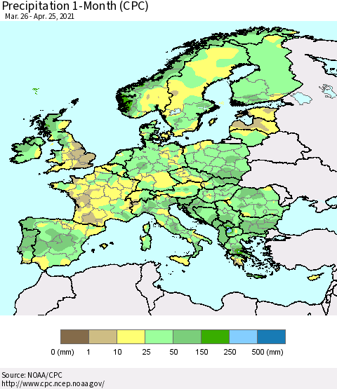 Europe Precipitation 1-Month (CPC) Thematic Map For 3/26/2021 - 4/25/2021