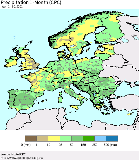 Europe Precipitation 1-Month (CPC) Thematic Map For 4/1/2021 - 4/30/2021
