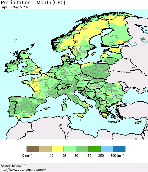 Europe Precipitation 1-Month (CPC) Thematic Map For 4/6/2021 - 5/5/2021