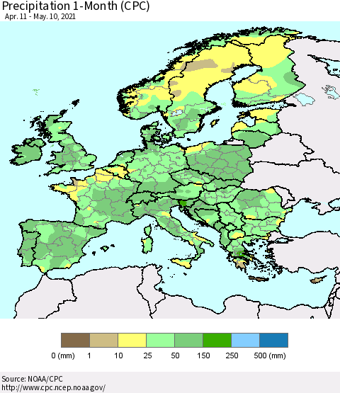 Europe Precipitation 1-Month (CPC) Thematic Map For 4/11/2021 - 5/10/2021