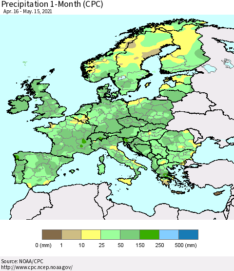 Europe Precipitation 1-Month (CPC) Thematic Map For 4/16/2021 - 5/15/2021