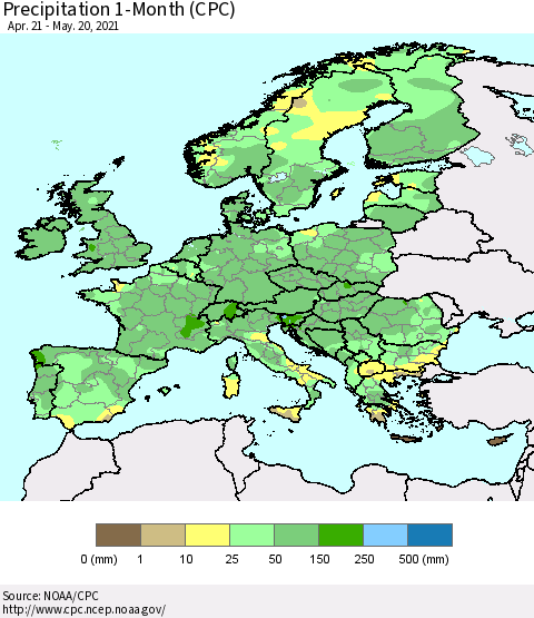 Europe Precipitation 1-Month (CPC) Thematic Map For 4/21/2021 - 5/20/2021