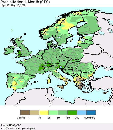 Europe Precipitation 1-Month (CPC) Thematic Map For 4/26/2021 - 5/25/2021