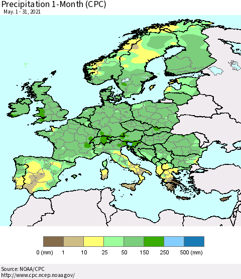 Europe Precipitation 1-Month (CPC) Thematic Map For 5/1/2021 - 5/31/2021