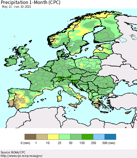 Europe Precipitation 1-Month (CPC) Thematic Map For 5/11/2021 - 6/10/2021