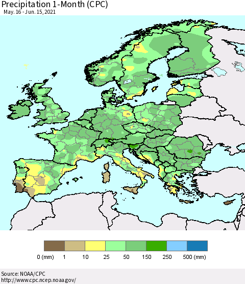 Europe Precipitation 1-Month (CPC) Thematic Map For 5/16/2021 - 6/15/2021