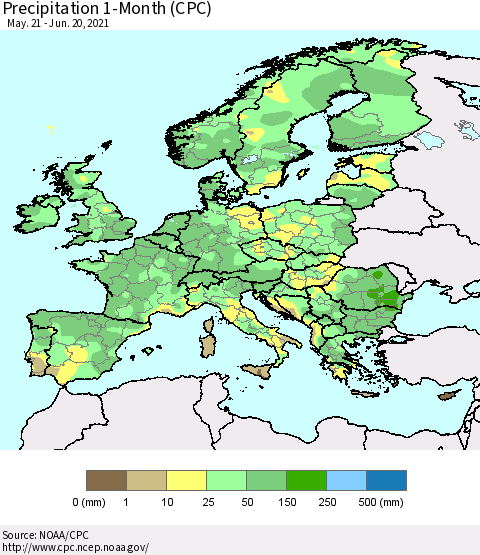 Europe Precipitation 1-Month (CPC) Thematic Map For 5/21/2021 - 6/20/2021