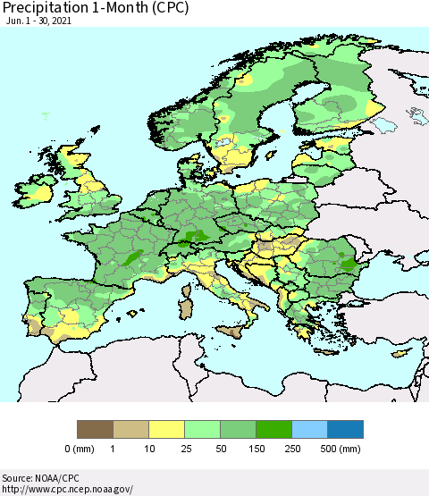 Europe Precipitation 1-Month (CPC) Thematic Map For 6/1/2021 - 6/30/2021