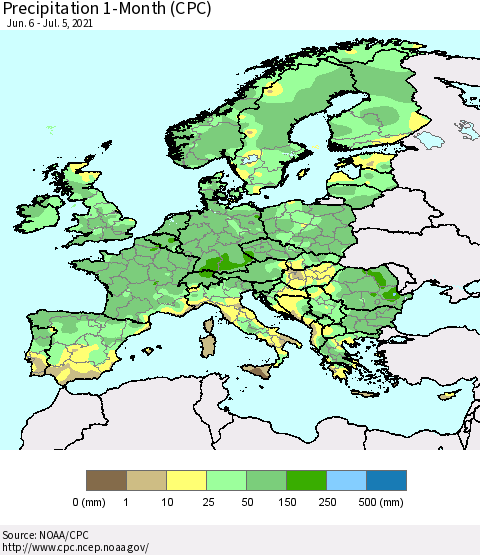 Europe Precipitation 1-Month (CPC) Thematic Map For 6/6/2021 - 7/5/2021