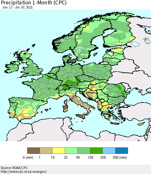 Europe Precipitation 1-Month (CPC) Thematic Map For 6/11/2021 - 7/10/2021