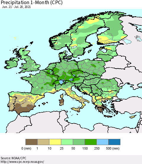 Europe Precipitation 1-Month (CPC) Thematic Map For 6/21/2021 - 7/20/2021