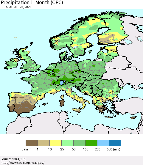 Europe Precipitation 1-Month (CPC) Thematic Map For 6/26/2021 - 7/25/2021