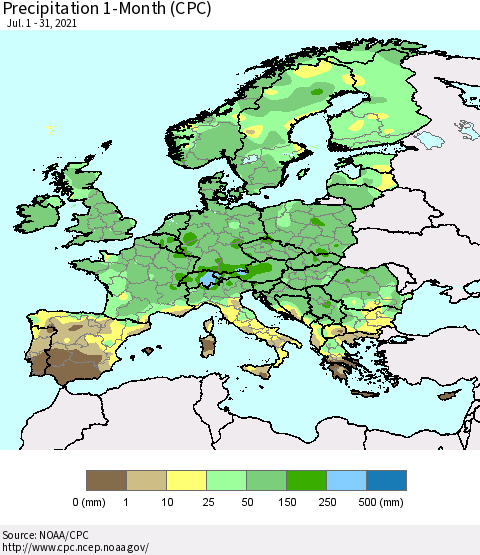 Europe Precipitation 1-Month (CPC) Thematic Map For 7/1/2021 - 7/31/2021