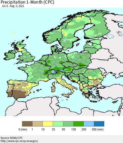 Europe Precipitation 1-Month (CPC) Thematic Map For 7/6/2021 - 8/5/2021
