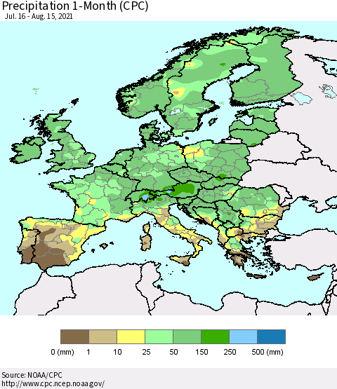 Europe Precipitation 1-Month (CPC) Thematic Map For 7/16/2021 - 8/15/2021