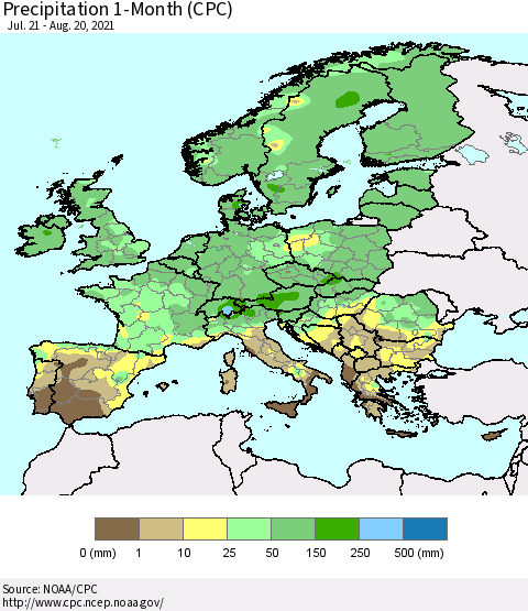 Europe Precipitation 1-Month (CPC) Thematic Map For 7/21/2021 - 8/20/2021