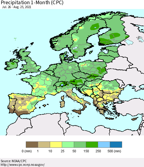 Europe Precipitation 1-Month (CPC) Thematic Map For 7/26/2021 - 8/25/2021
