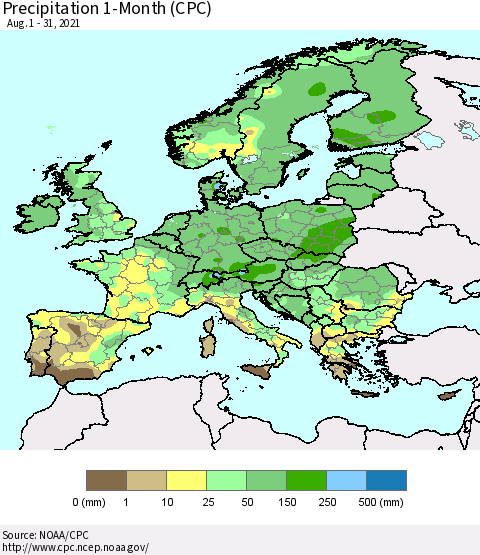Europe Precipitation 1-Month (CPC) Thematic Map For 8/1/2021 - 8/31/2021