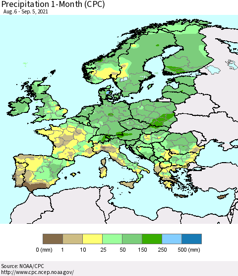 Europe Precipitation 1-Month (CPC) Thematic Map For 8/6/2021 - 9/5/2021