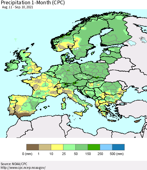 Europe Precipitation 1-Month (CPC) Thematic Map For 8/11/2021 - 9/10/2021