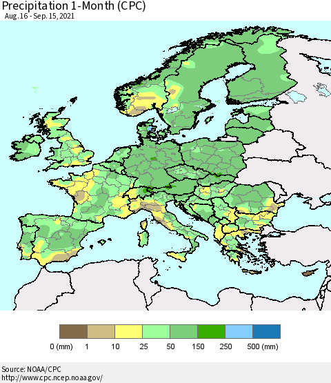 Europe Precipitation 1-Month (CPC) Thematic Map For 8/16/2021 - 9/15/2021