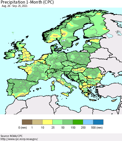 Europe Precipitation 1-Month (CPC) Thematic Map For 8/26/2021 - 9/25/2021