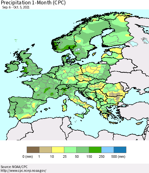 Europe Precipitation 1-Month (CPC) Thematic Map For 9/6/2021 - 10/5/2021