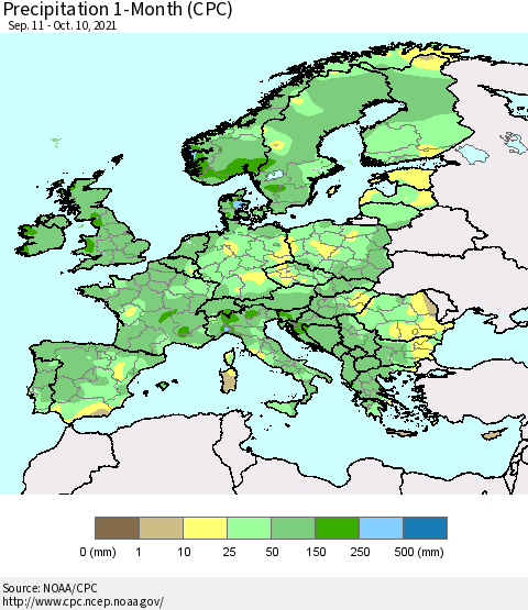 Europe Precipitation 1-Month (CPC) Thematic Map For 9/11/2021 - 10/10/2021
