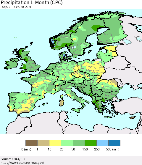 Europe Precipitation 1-Month (CPC) Thematic Map For 9/21/2021 - 10/20/2021