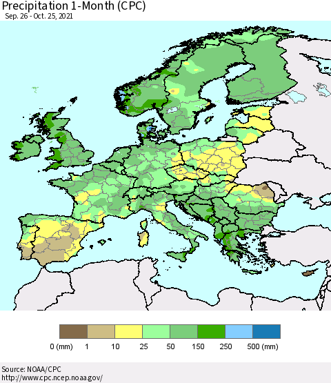 Europe Precipitation 1-Month (CPC) Thematic Map For 9/26/2021 - 10/25/2021