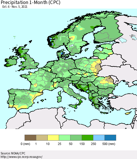 Europe Precipitation 1-Month (CPC) Thematic Map For 10/6/2021 - 11/5/2021