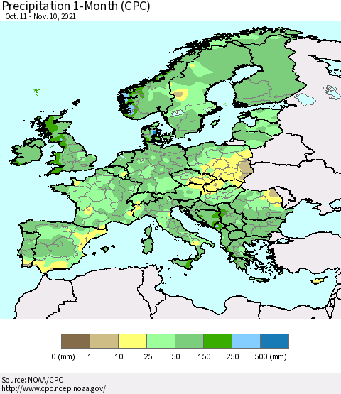 Europe Precipitation 1-Month (CPC) Thematic Map For 10/11/2021 - 11/10/2021